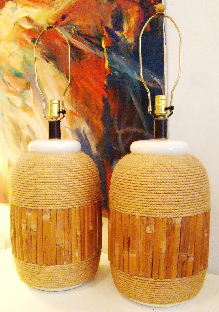 Pair Of Ceramic Table Lamps Embellished With Rope & Bamboo Modernism